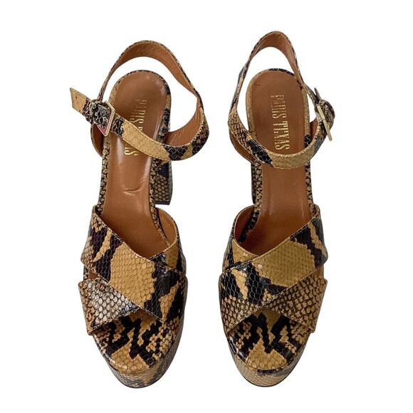 PARIS TEXAS Size 39.5 Python Print Platform Sandals Brown Caramel Shoes Heels - Picture 2 of 15